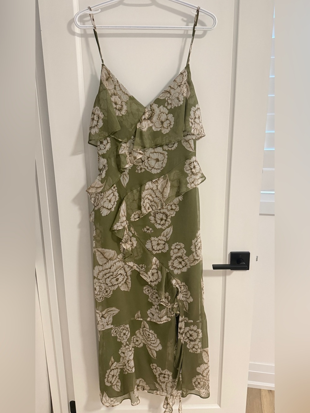 Zara Olive Green Ruffled Floral Print Midi Dress